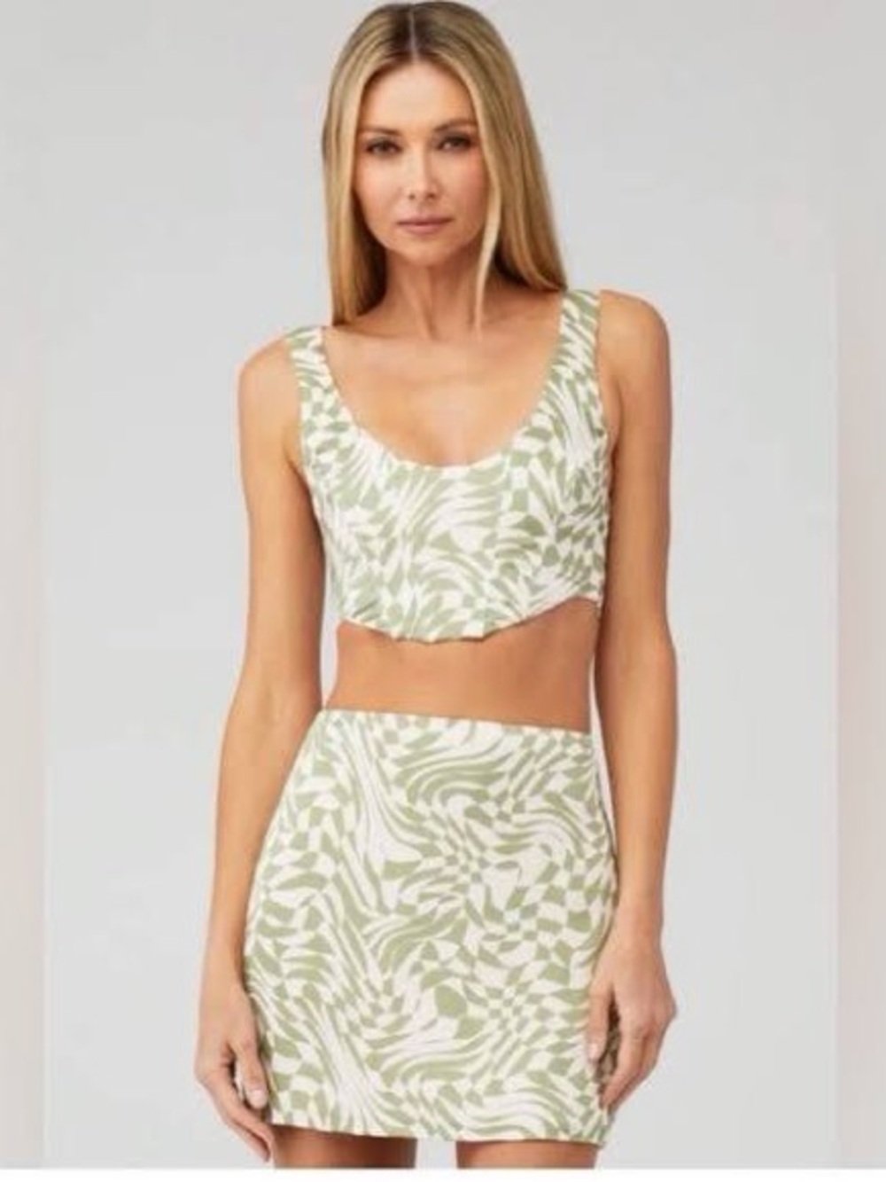 For Love And Lemons Sage Green and White Printed Crop Tank